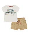 Deux Par Deux Boys' Short Sleeve Top And French Terry Short Set - Little Kid In Beige With Palm Trees