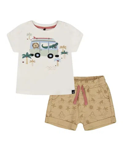 Deux Par Deux Boys' Short Sleeve Top And French Terry Short Set - Little Kid In Beige With Palm Trees