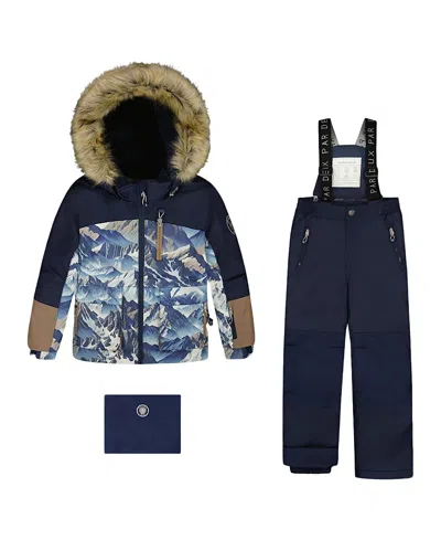 Deux Par Deux Boys' Two-piece Play Snowsuit With Printed Colorblocked Jacket - Little Kid, Big Kid In Blue