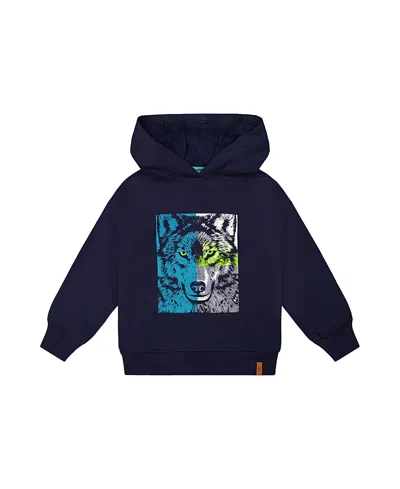 Deux Par Deux Boys' Wolf Graphic Ribbed Cuff Fleece Hooded Sweatshirt - Little Kid In Dark Blue