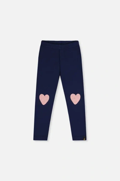 Deux Par Deux Kids'  Brushed Jersey Heart Appliqué Elastic Waist Leggings In Blue