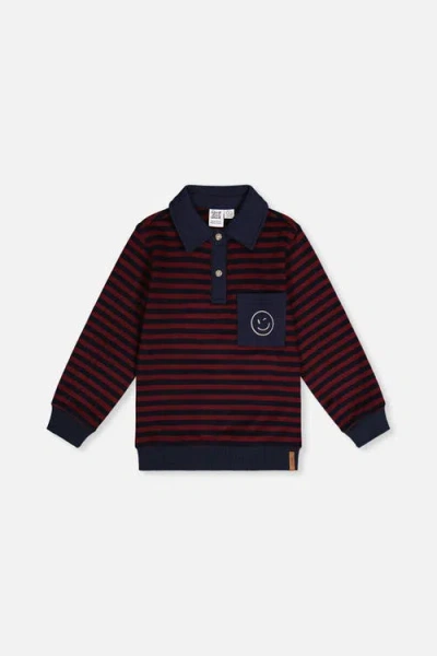 Deux Par Deux Kids'  Brushed Jersey Polo Collar Smiley Pocket Top In Burgundy