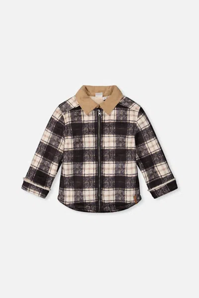 Deux Par Deux Kids' Brushed Plaid Zipped Jacket Blue And Beige Checks In Black