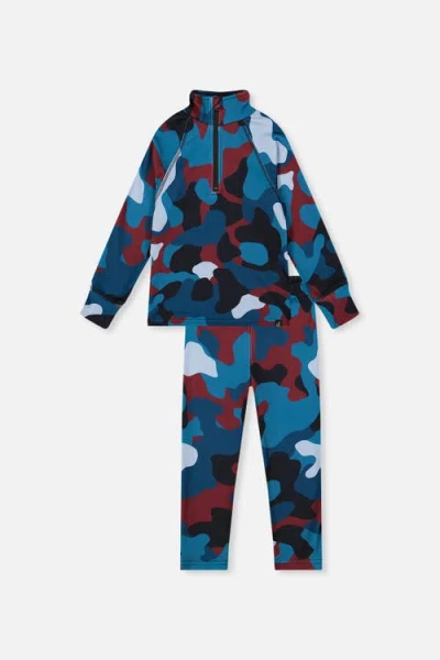 Deux Par Deux Kids'  Camouflage Two Piece Brushed Half-zip Top & Pants Thermal Underwear In Blue And Red Camouflage