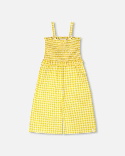 Deux Par Deux Kids'  Capri Smocking Gingham Sleeveless Jumpsuit In Yellow