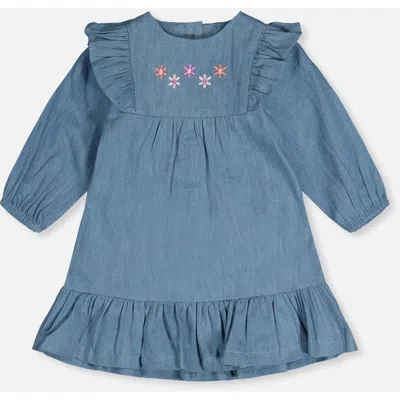 Deux Par Deux Babies'  Chambray Breathable Long Sleeve Dress In Blue