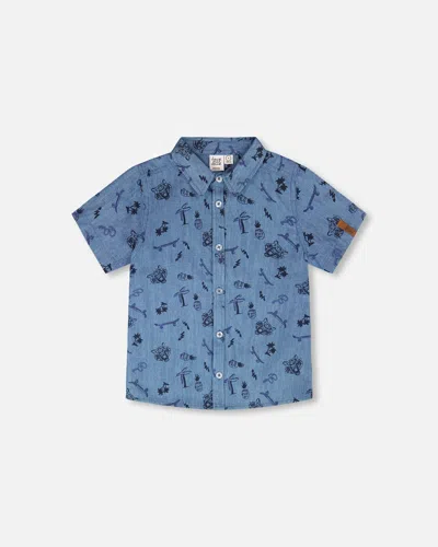 Deux Par Deux Kids'  Chambray Skateboards Short-sleeve Shirt In Blue