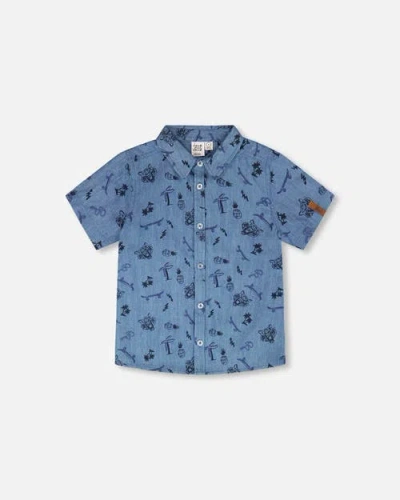 Deux Par Deux Kids'  Chambray Skateboards Short-sleeve Shirt In Blue