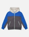 Deux Par Deux Color Blocked Zip Front Fleece Hoodie In Blue