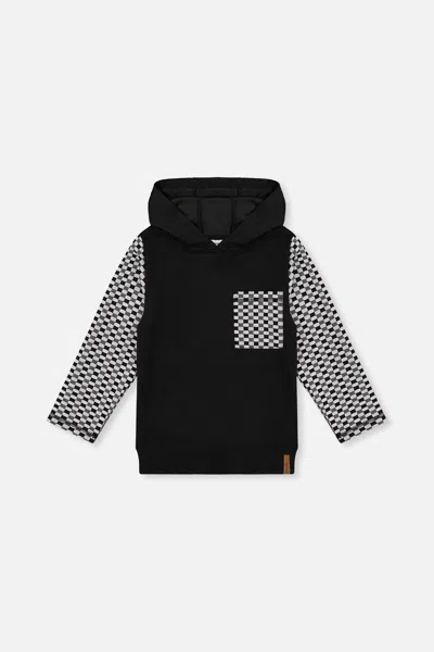 Deux Par Deux Boys' Colorblock Checkered Chest Pocket Hooded Top - Little Kid In Black