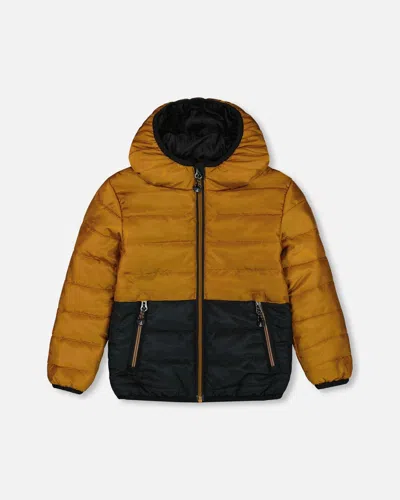 Deux Par Deux Kids' Colorblock Quilted Mid-season Jacket Brown And Black In Yellow