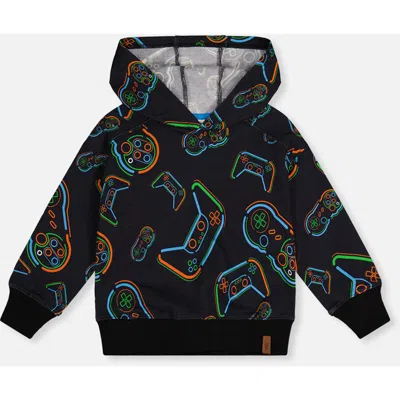 Deux Par Deux Kids'  Controller Fleece Attached Hooded Sweatshirt In Black