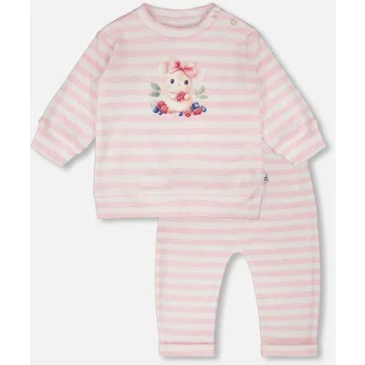 Deux Par Deux Babies'  Cotton Jersey Stripes Top And Pants Set In Pink