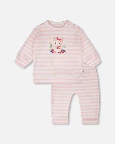 Deux Par Deux Kids' Cotton Jersey Top And Pants Set White And Pink Stripes