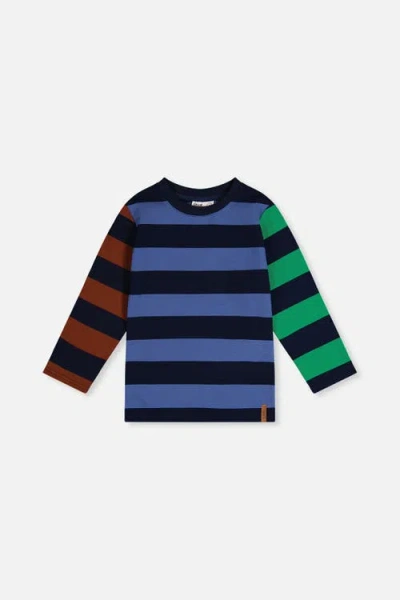 Deux Par Deux Kids'  Cotton Large Striped Long Contrasting Sleeve T-shirt In Blue