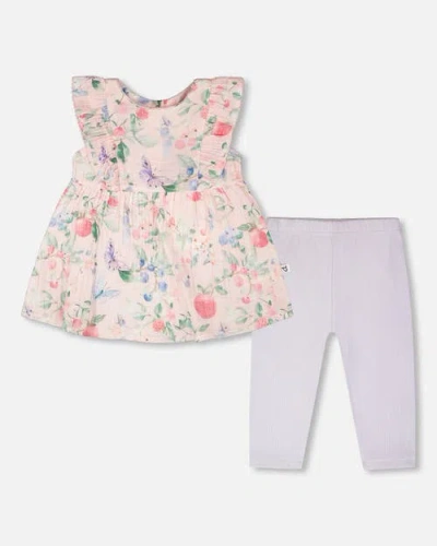 Deux Par Deux Babies'  Cotton Muslin Tunic And Rib Jersey Printed Berries Leggings Set In Purple