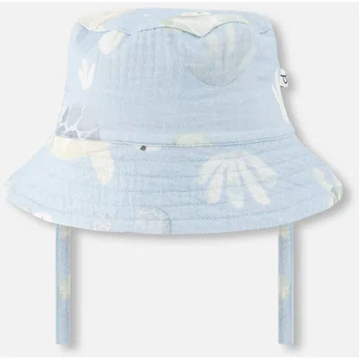 Deux Par Deux Babies'  Cotton Muslin Turtle Print Hat In Blue