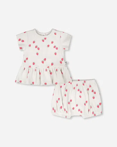 Deux Par Deux Kids' Cotton Rib Jersey Top And Short Set White Printed Strawberries