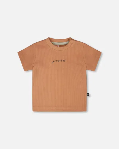 Deux Par Deux Kids' Cotton Rib Jersey T-shirt And Organic Cotton Jersey Short Set Caramel And Beige Zebra Print In Brown