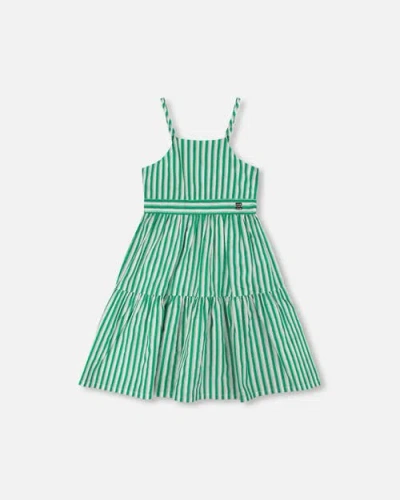 Deux Par Deux Kids'  Cotton Stripes Sleeveless Sundress In Green