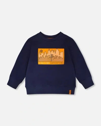 Deux Par Deux Kids'  Crew Ribbed Cuffs Long Sleeve French Terry Sweatshirt In Blue