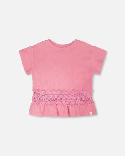 Deux Par Deux Kids'  Crinkle Jersey Long T-shirt With Crochet Insert In Pink