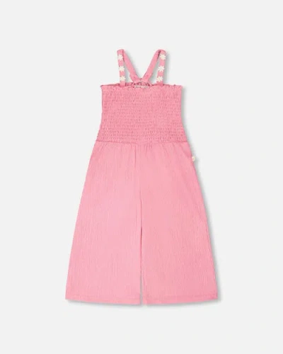 Deux Par Deux Kids'  Crinkle Jersey Smocking Sleeveless Jumpsuit In Pink