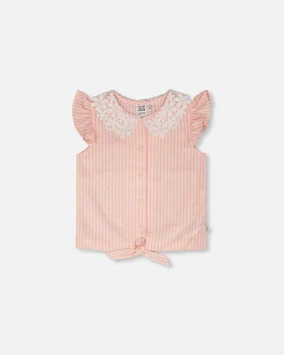 Deux Par Deux Kids'  Crochet Collar Stripes Sleeveless Shirt In Multi