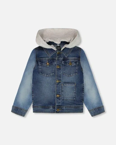 Deux Par Deux Kids'  Denim Jacket With Removable French Terry Hood In Blue