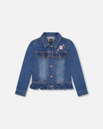 Deux Par Deux Kids'  Denim Jacket With Ruffle Hem And Floral Embroidery In Blue