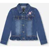 Deux Par Deux Denim Jacket With Ruffle Hem And Floral Embroidery In Blue