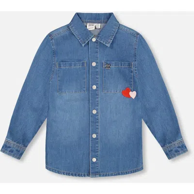 Deux Par Deux Kids'  Denim Shirt With Patch Pockets And Apple Patch In Blue