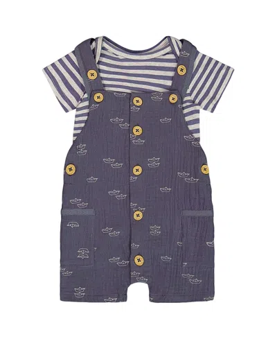 Deux Par Deux Boys' Printed Organic Cotton Onesie And Muslin Shortall Set - Baby In Navy Blue Paper Boat