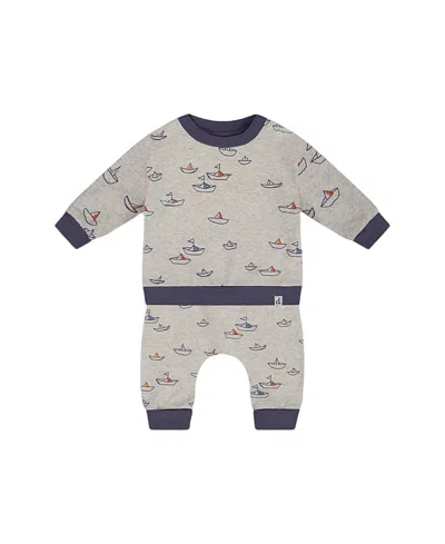 Deux Par Deux Boys' Printed Organic Cotton Top And Pant Set - Baby In Heather Grey With Little Paper Boat