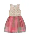 Deux Par Deux Girl's Bi-material Cotton And Mesh Dress Small Flowers And Multicolored Gradient Skirt In Small Flowers And Multicolored