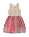 Deux Par Deux Girl's Bi-material Cotton And Mesh Dress Small Flowers And Multicolored Gradient Skirt In Small Flowers And Multicolored