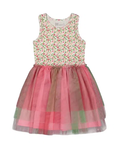 Deux Par Deux Girls' Bi-material Cotton And Mesh Dress With Gradient Skirt - Little Kid In Small Flowers And Multicolored