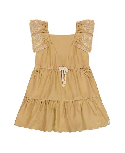 Deux Par Deux Girls' Chambray Dress With Embroidery - Big Kid In Golden Beige