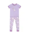 Deux Par Deux Girls' Organic Cotton Short Sleeve Top And Pant Pajama Set - Baby In White Unicorn On Mauve