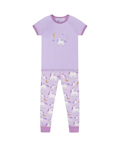 Deux Par Deux Girls' Organic Cotton Short Sleeve Top And Pant Pajama Set - Baby In White Unicorn On Mauve