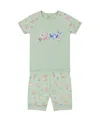 Deux Par Deux Girls' Organic Cotton Two-piece Short Pajama Set - Baby In Small Pink And Blue Flowers