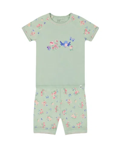 Deux Par Deux Girls' Organic Cotton Two-piece Short Pajama Set - Baby In Small Pink And Blue Flowers