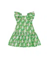 Deux Par Deux Little Girl's Printed Dress With Flounce Sleeves Green With White And Pink Bird In Green With White And Pink Bird