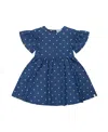 Deux Par Deux Girl's Printed Chambray Dress Blue And White Cherries In Navy Blue And White Hearts