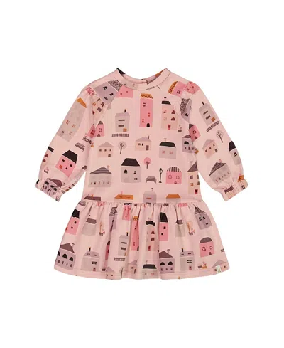 Deux Par Deux Girls' Printed French Terry Dress - Baby In Pink And Coral Houses