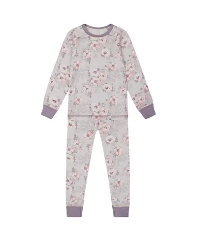 Deux Par Deux Girls' Printed Organic Cotton Long Sleeve Top And Pant Pajama Set - Baby In Pale Pink Flowers On Neutral Lilac