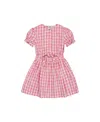 Deux Par Deux Girl's Puff Sleeve Dress With Waist Tie Pink And White Checks In Pink And White Checks
