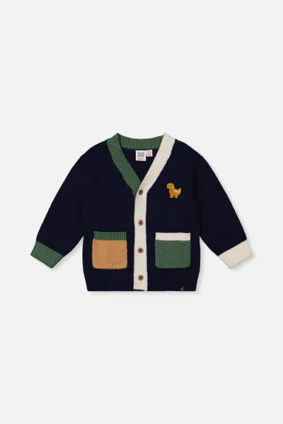 Deux Par Deux Babies'  Dino Embroidered Colorblock Pocket Knit Cardigan In Black