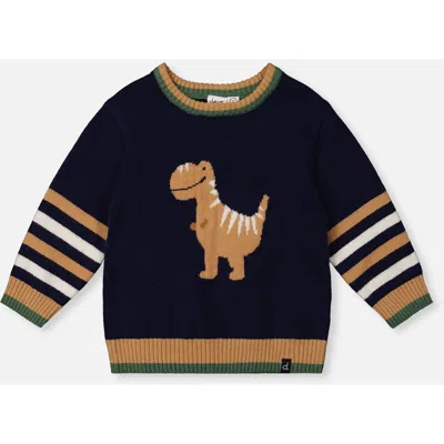 Deux Par Deux Kids'  Dino Intarsia Striped Ribbed Cuffs Knit Sweater In Blue