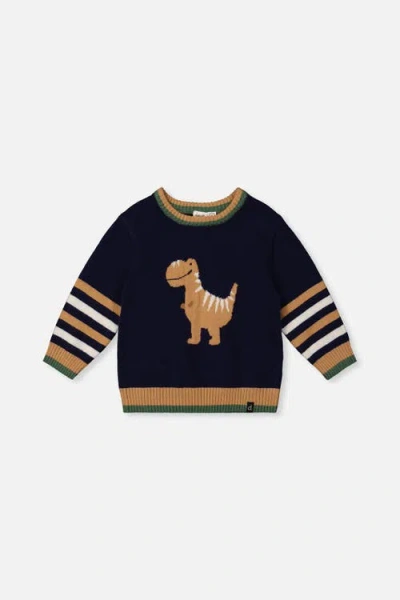 Deux Par Deux Babies'  Dino Intarsia Striped Ribbed Cuffs Knit Sweater In Multi
